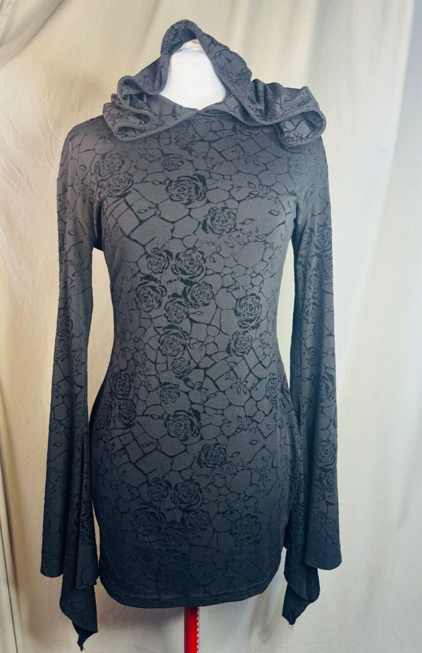 Devil Fashion Hooded Bell Sleeve Black Rose minidress Witch Goth Alt Pagan SM/M